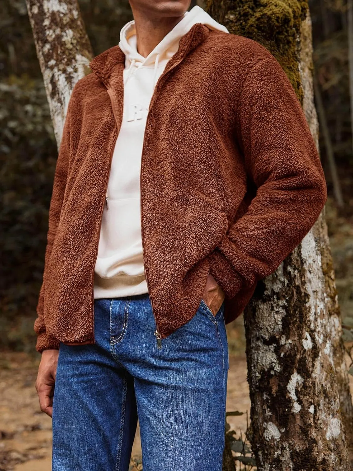 Runcati Mens Fuzzy Sherpa Jacket Cardigan Fleece Long Sleeve Full Zip Open Front Thermal Coat Fall Winter Outwear