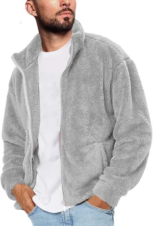 Runcati Mens Fuzzy Sherpa Jacket Cardigan Fleece Long Sleeve Full Zip Open Front Thermal Coat Fall Winter Outwear