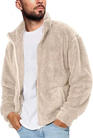 Runcati Mens Fuzzy Sherpa Jacket Cardigan Fleece Long Sleeve Full Zip Open Front Thermal Coat Fall Winter Outwear