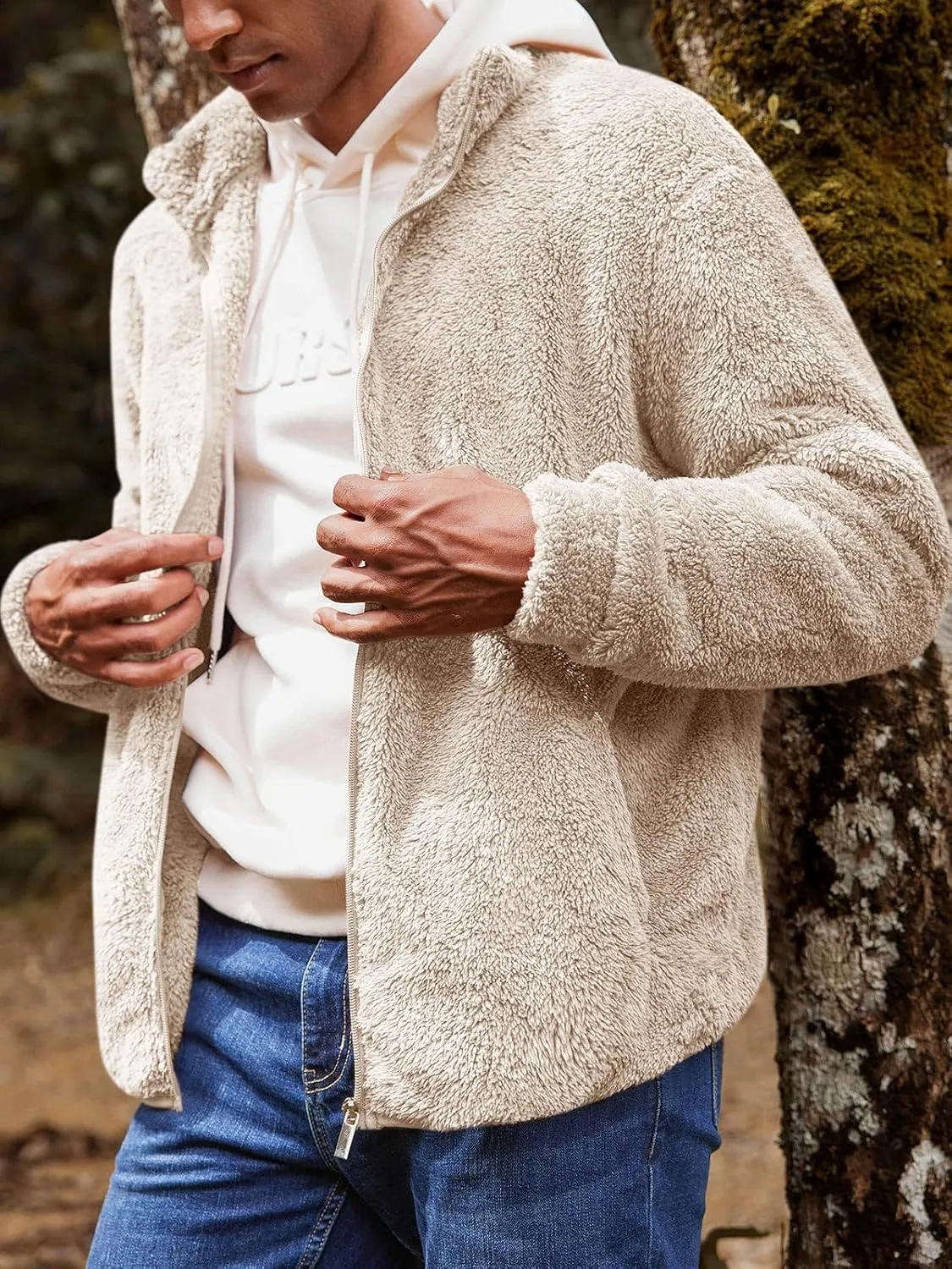 Runcati Mens Fuzzy Sherpa Jacket Cardigan Fleece Long Sleeve Full Zip Open Front Thermal Coat Fall Winter Outwear