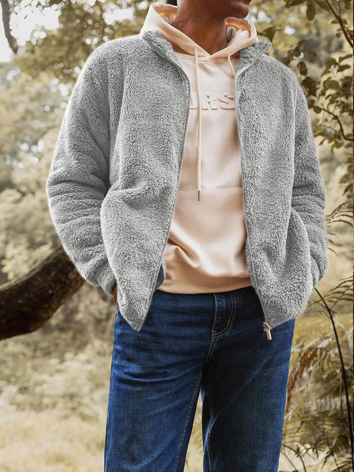 Runcati Mens Fuzzy Sherpa Jacket Cardigan Fleece Long Sleeve Full Zip Open Front Thermal Coat Fall Winter Outwear