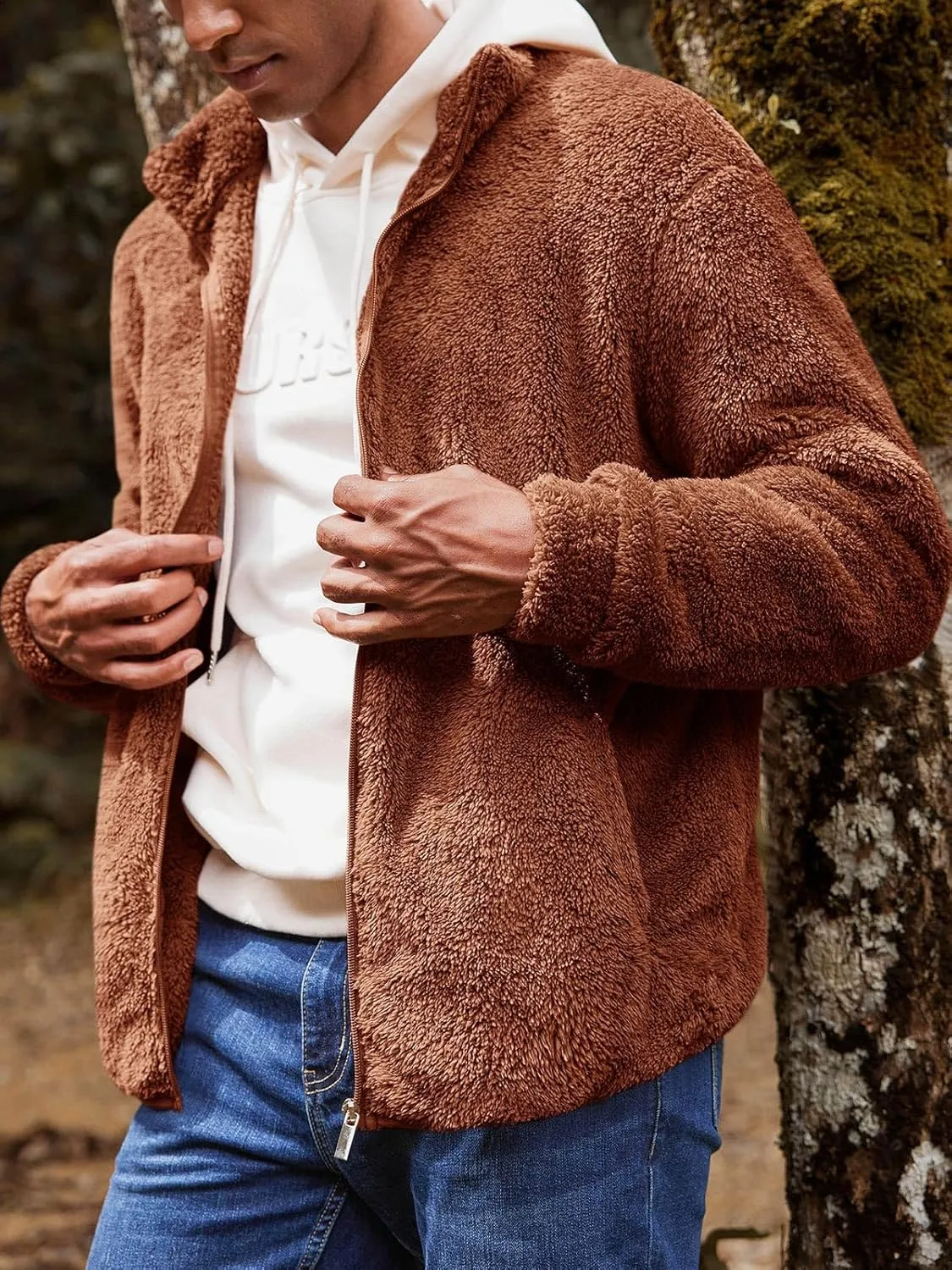 Runcati Mens Fuzzy Sherpa Jacket Cardigan Fleece Long Sleeve Full Zip Open Front Thermal Coat Fall Winter Outwear