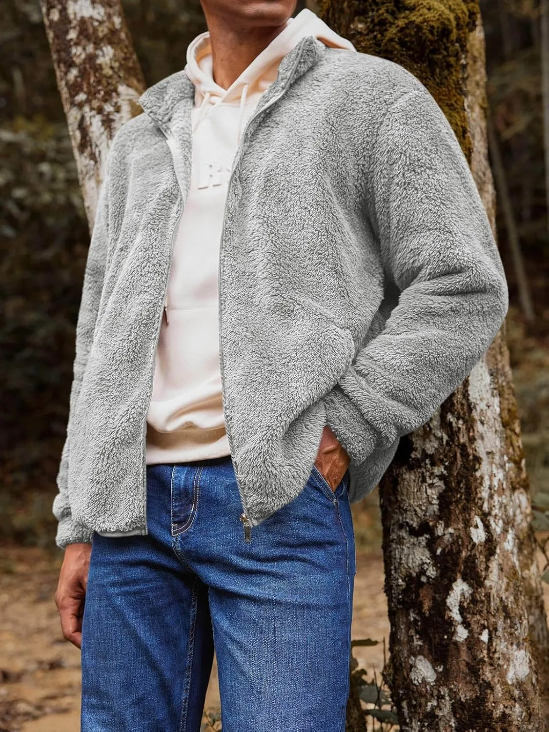 Runcati Mens Fuzzy Sherpa Jacket Cardigan Fleece Long Sleeve Full Zip Open Front Thermal Coat Fall Winter Outwear