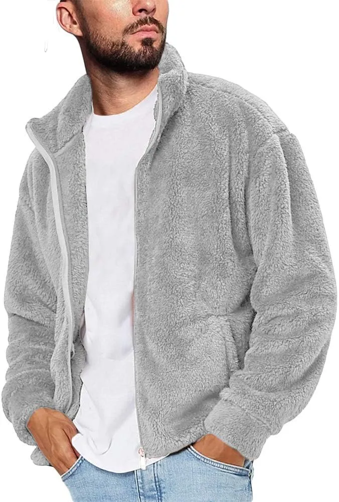 Runcati Mens Fuzzy Sherpa Jacket Cardigan Fleece Long Sleeve Full Zip Open Front Thermal Coat Fall Winter Outwear