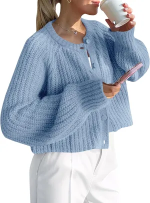 Saodimallsu Womens Puff Long Sleeve Cardigan Button Down Crew Neck Loose Open Front Knit Sweaters
