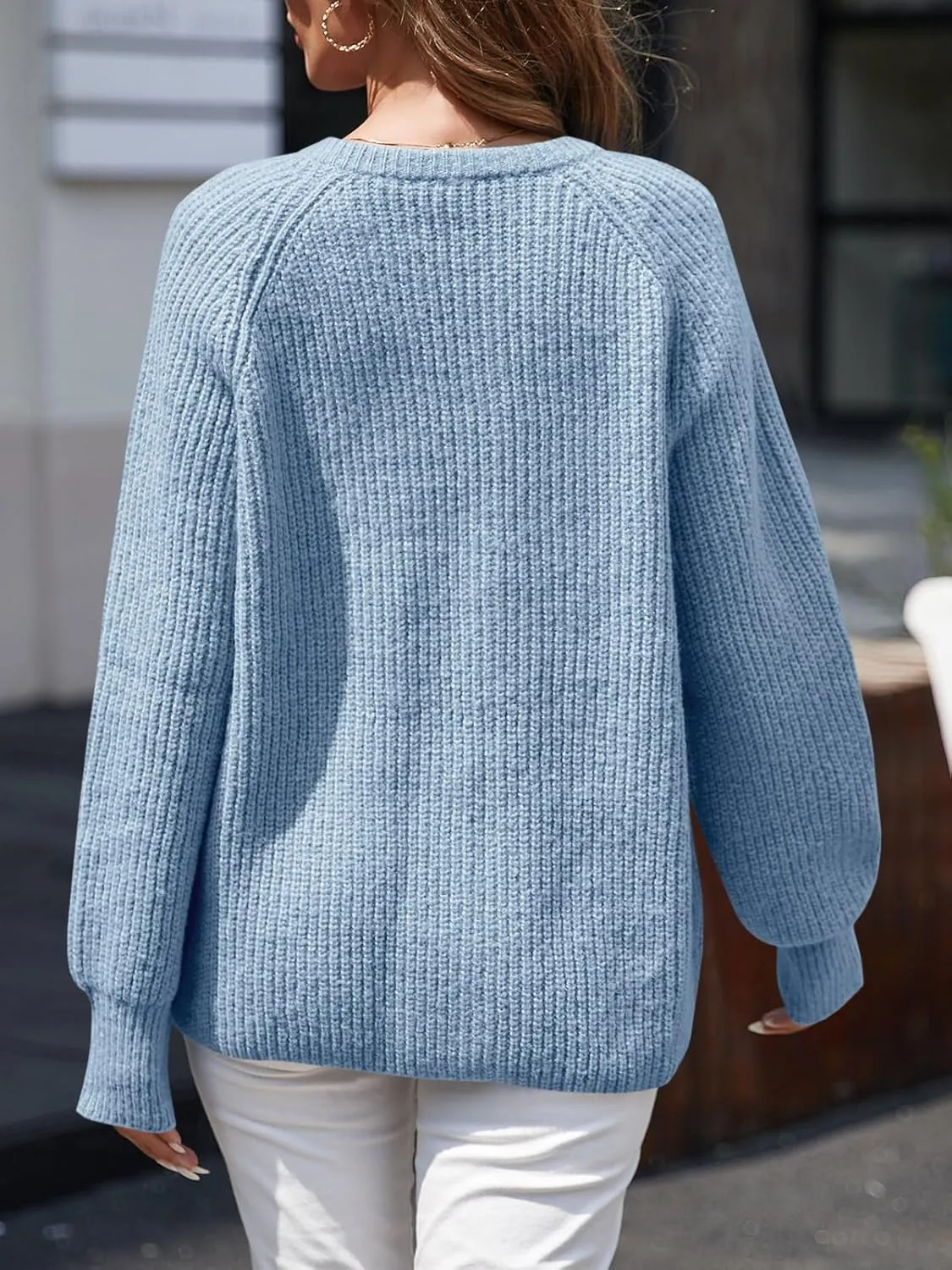 Saodimallsu Womens Puff Long Sleeve Cardigan Button Down Crew Neck Loose Open Front Knit Sweaters