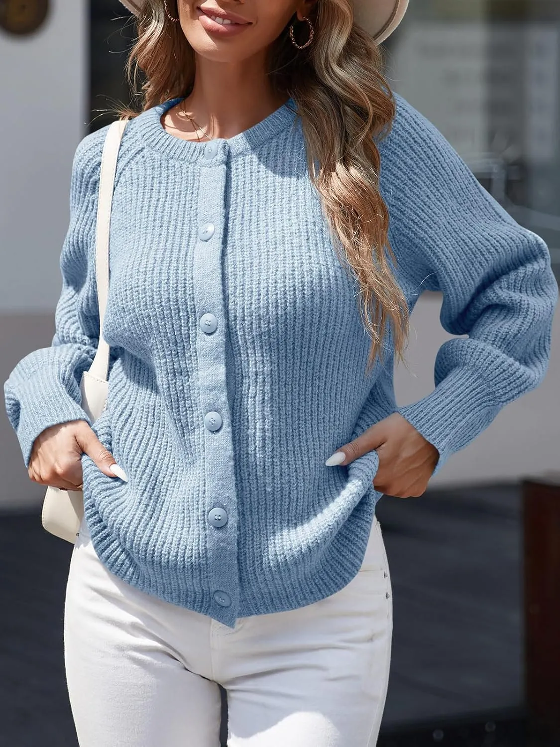 Saodimallsu Womens Puff Long Sleeve Cardigan Button Down Crew Neck Loose Open Front Knit Sweaters