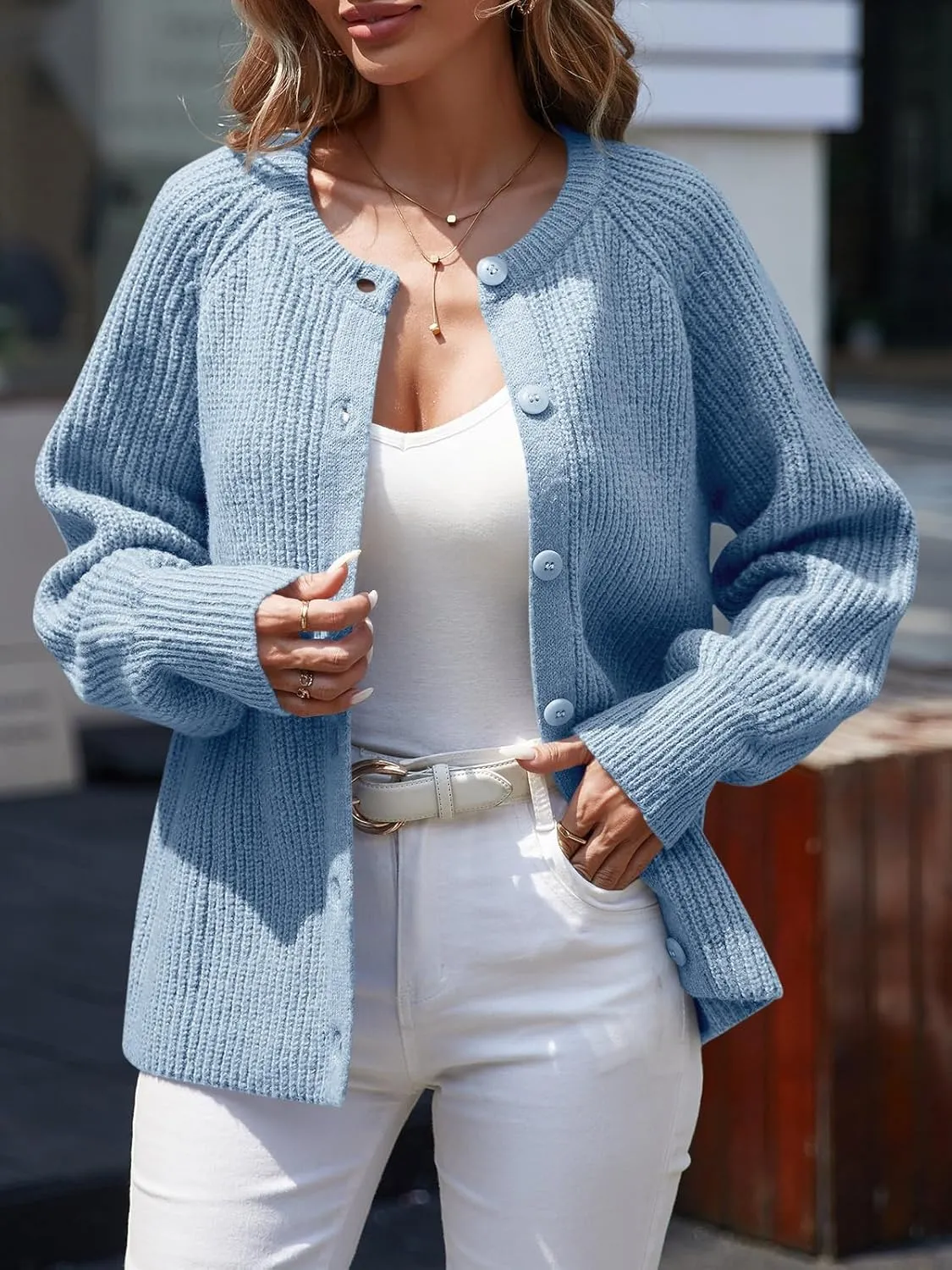 Saodimallsu Womens Puff Long Sleeve Cardigan Button Down Crew Neck Loose Open Front Knit Sweaters