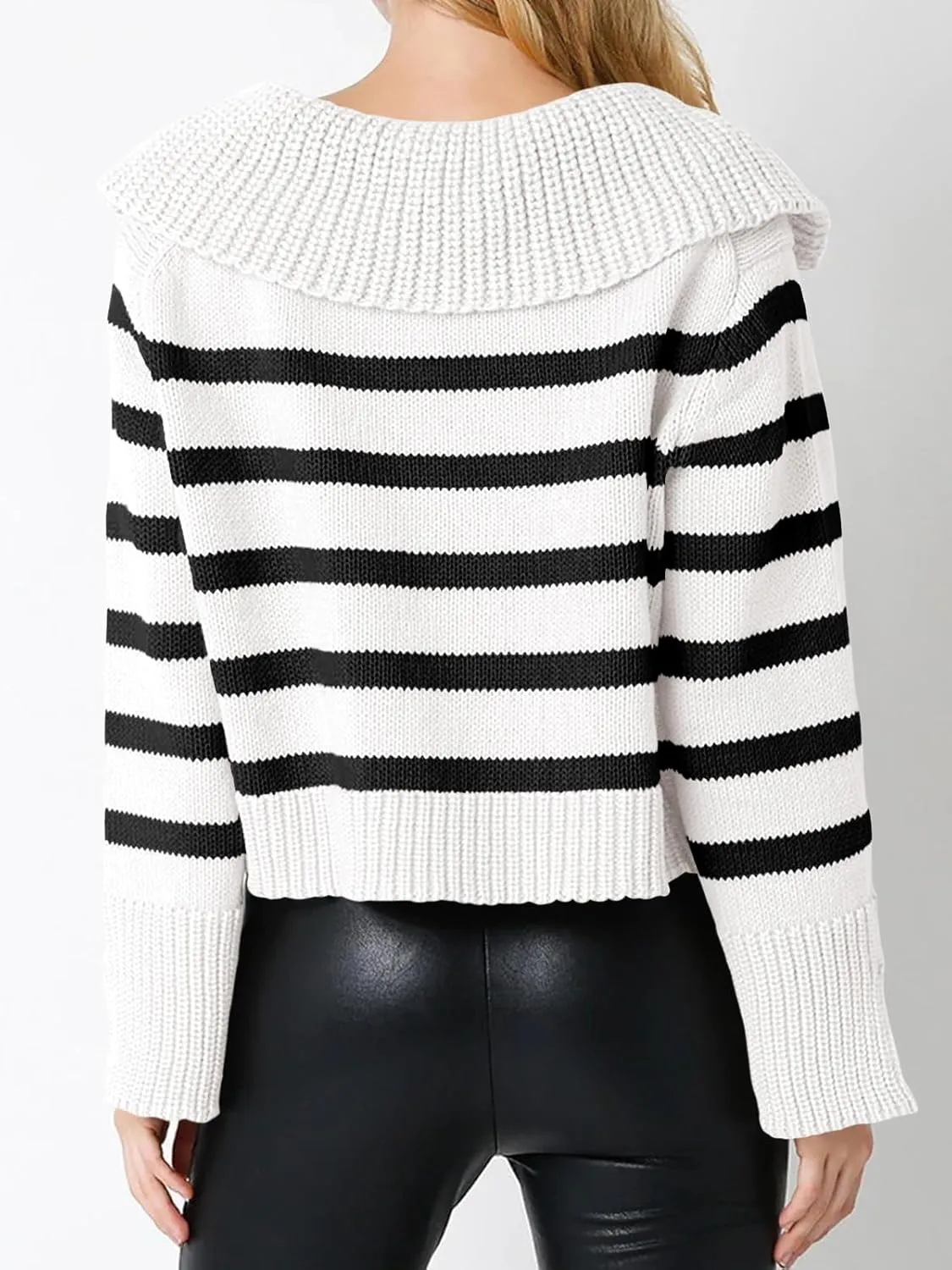 Saodimallsu Womens Striped Sweater V Neck Collared Fall Trendy Knitted Long Sleeve Loose Pullover Sweaters