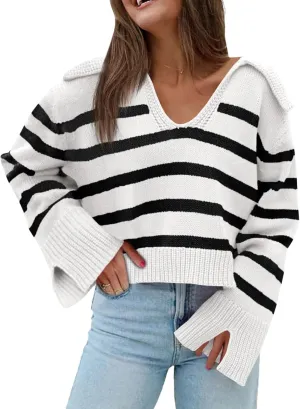 Saodimallsu Womens Striped Sweater V Neck Collared Fall Trendy Knitted Long Sleeve Loose Pullover Sweaters