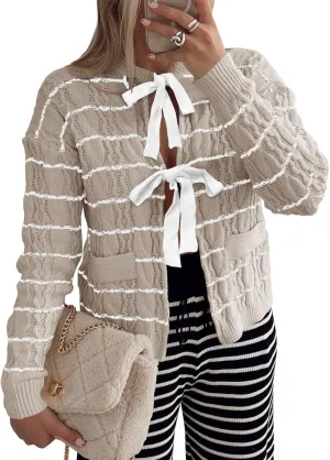Saodimallsu Womens Striped Tie Front Cardigan Sweaters Crew Neck Long Sleeve Cable Knit Bow Knot Trendy Sweater Tops