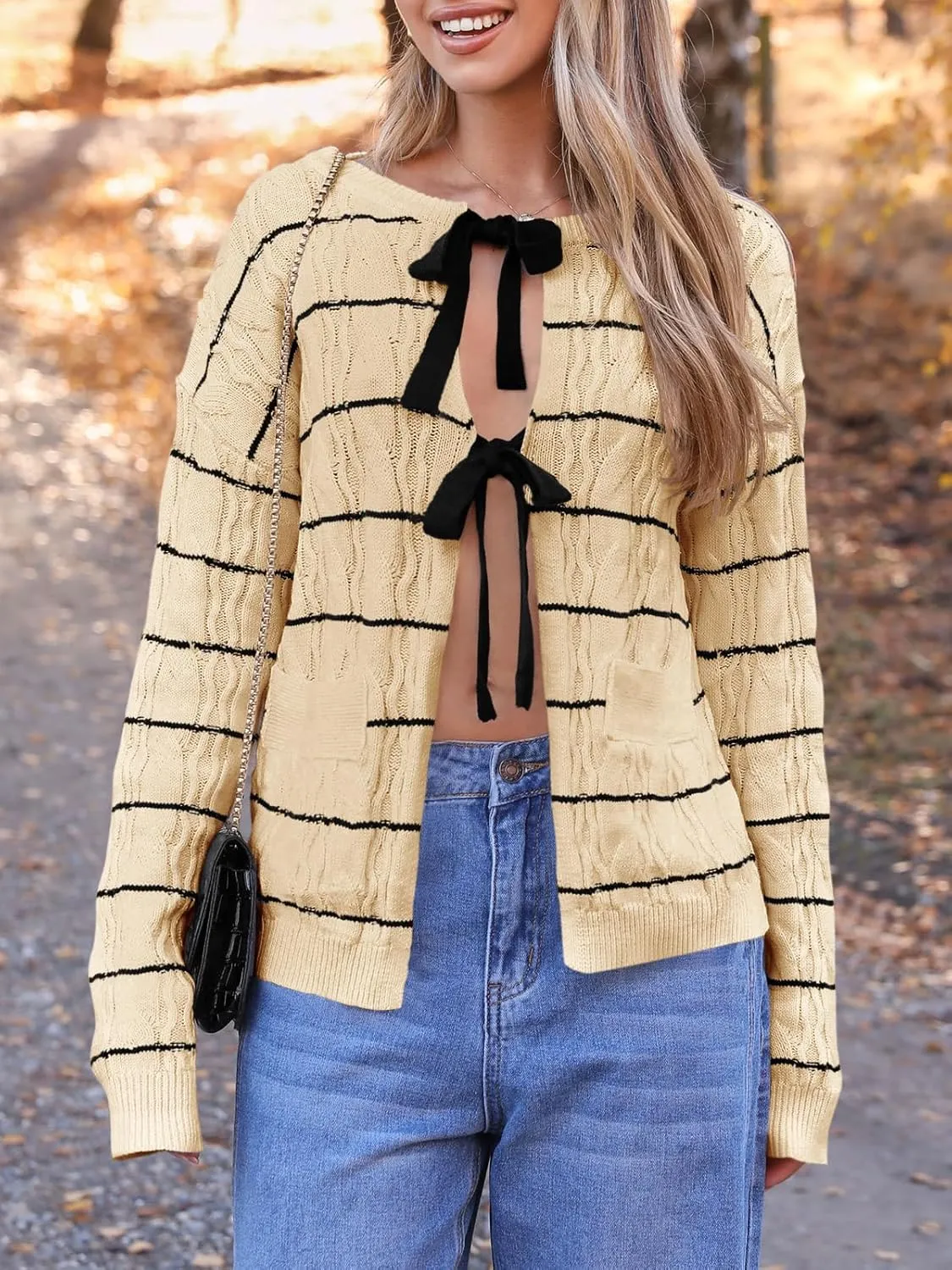 Saodimallsu Womens Striped Tie Front Cardigan Sweaters Crew Neck Long Sleeve Cable Knit Bow Knot Trendy Sweater Tops