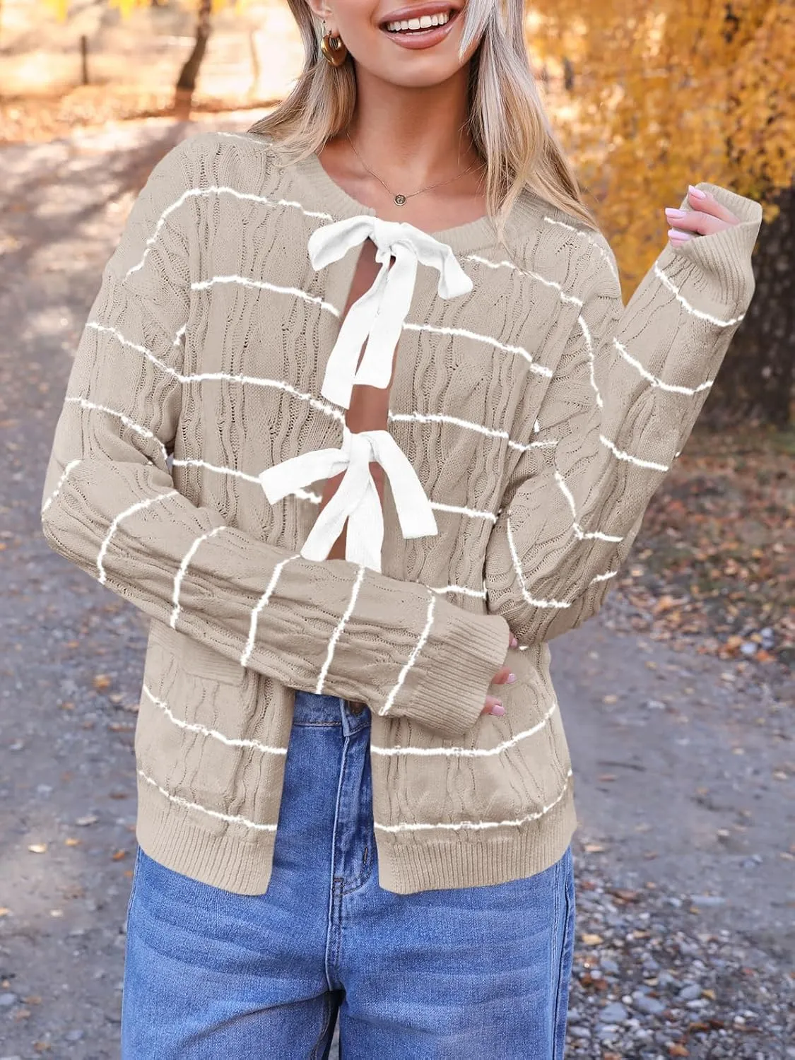Saodimallsu Womens Striped Tie Front Cardigan Sweaters Crew Neck Long Sleeve Cable Knit Bow Knot Trendy Sweater Tops