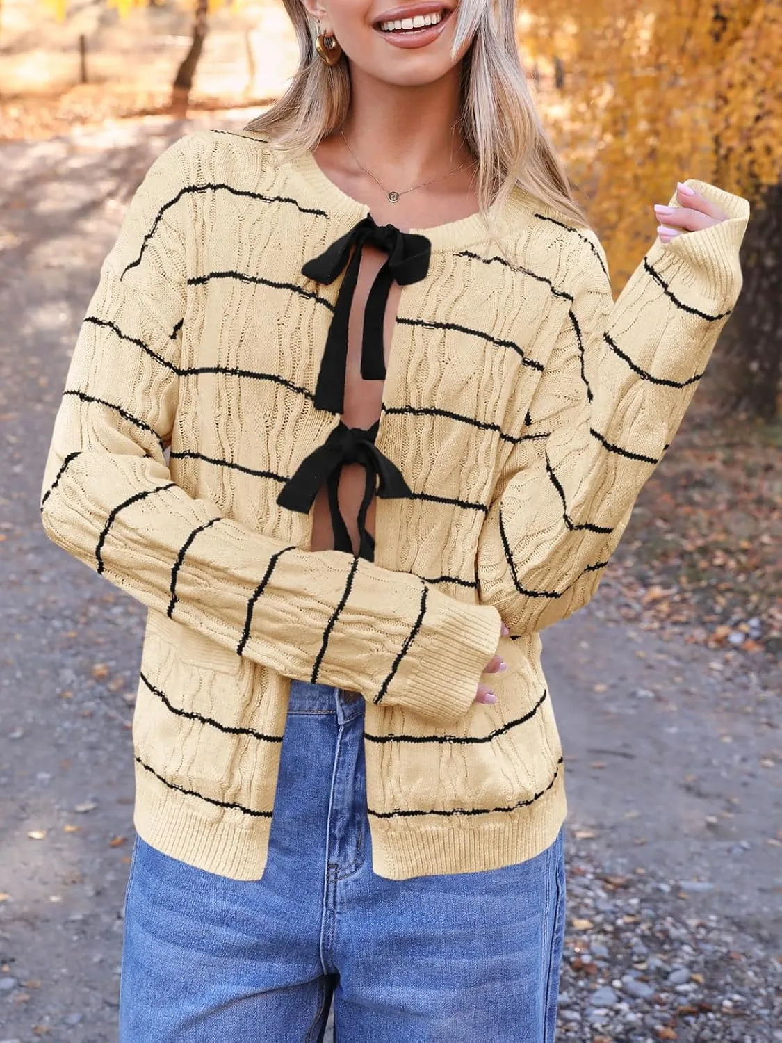 Saodimallsu Womens Striped Tie Front Cardigan Sweaters Crew Neck Long Sleeve Cable Knit Bow Knot Trendy Sweater Tops