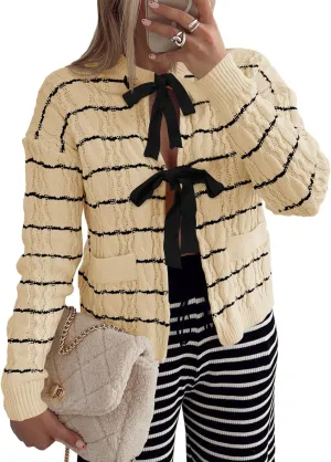 Saodimallsu Womens Striped Tie Front Cardigan Sweaters Crew Neck Long Sleeve Cable Knit Bow Knot Trendy Sweater Tops