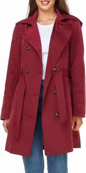 SaphiRose Women's Water-Resistant Trench Coat Double-Breasted Long Peacoat with Removable Hood