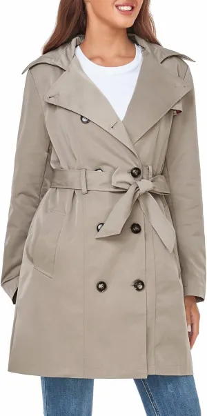 SaphiRose Women's Water-Resistant Trench Coat Double-Breasted Long Peacoat with Removable Hood