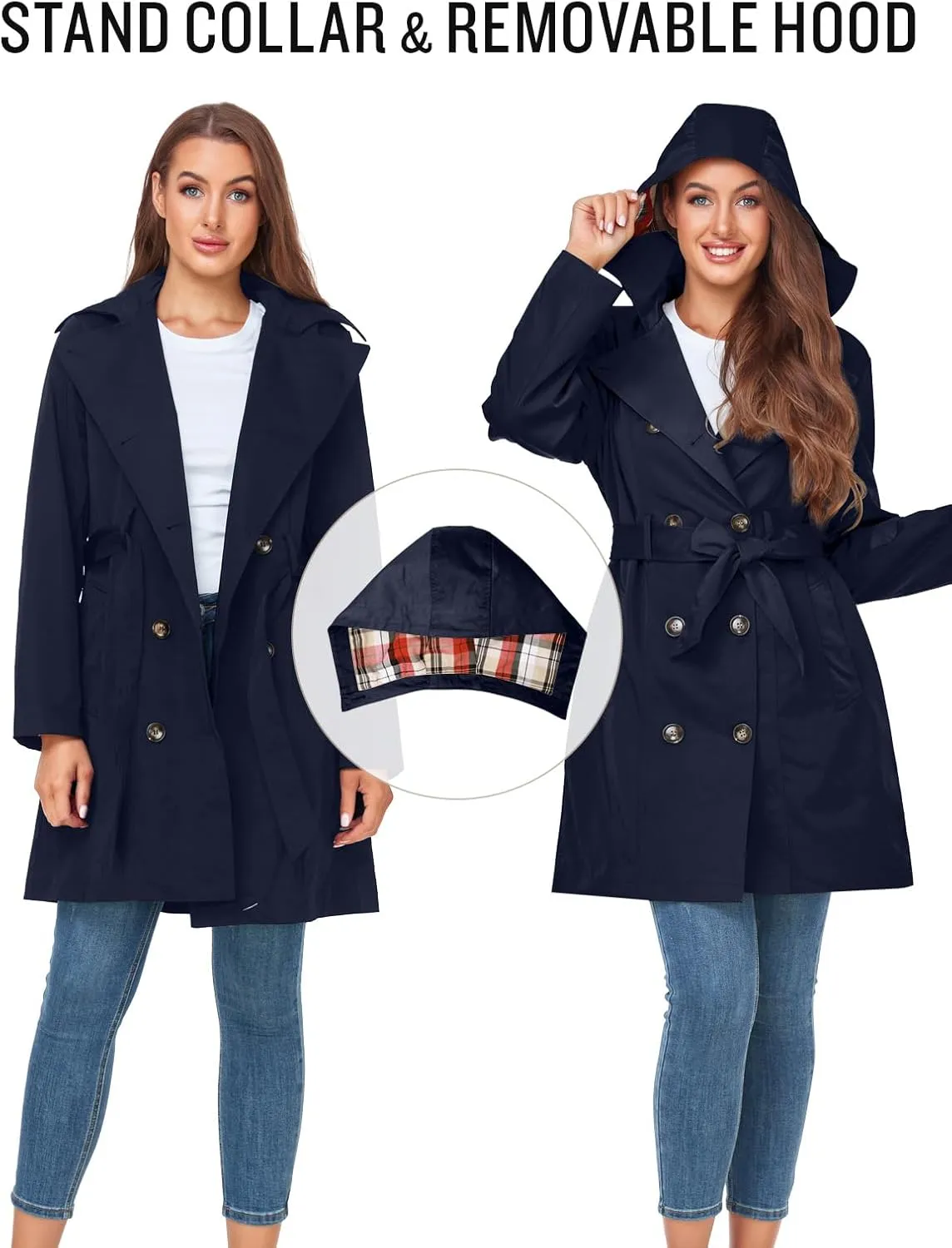 SaphiRose Women's Water-Resistant Trench Coat Double-Breasted Long Peacoat with Removable Hood