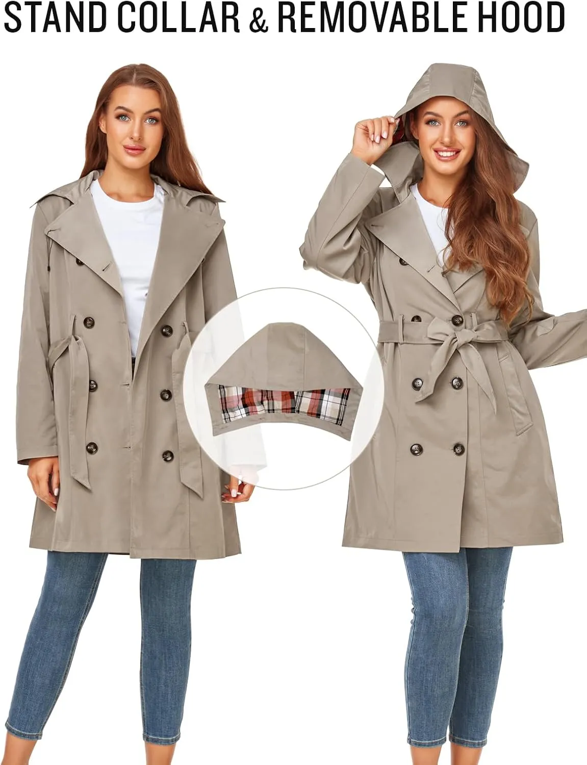 SaphiRose Women's Water-Resistant Trench Coat Double-Breasted Long Peacoat with Removable Hood