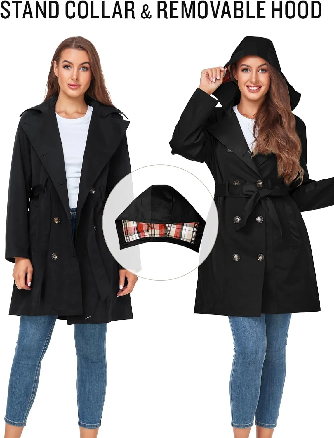 SaphiRose Women's Water-Resistant Trench Coat Double-Breasted Long Peacoat with Removable Hood