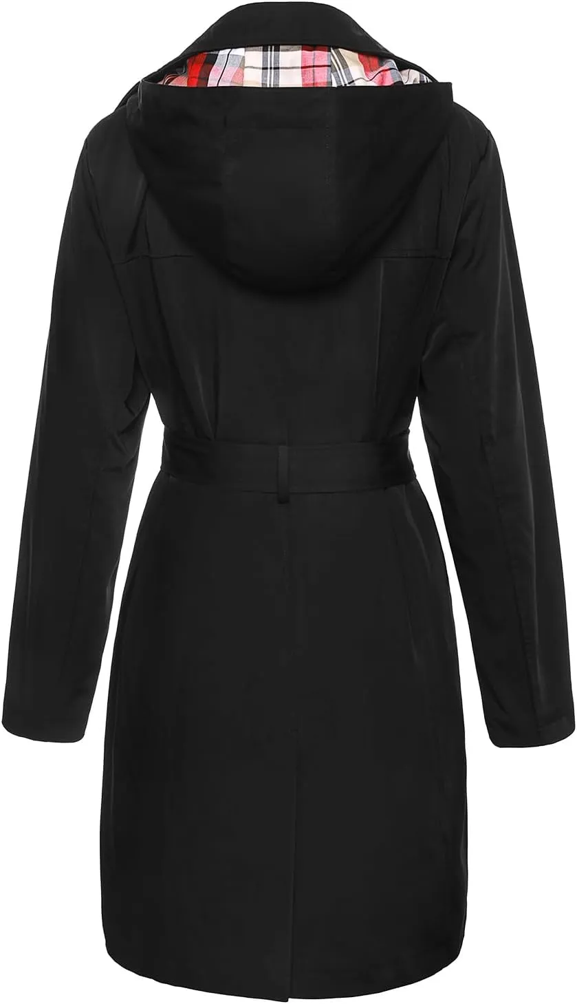 SaphiRose Women's Water-Resistant Trench Coat Double-Breasted Long Peacoat with Removable Hood