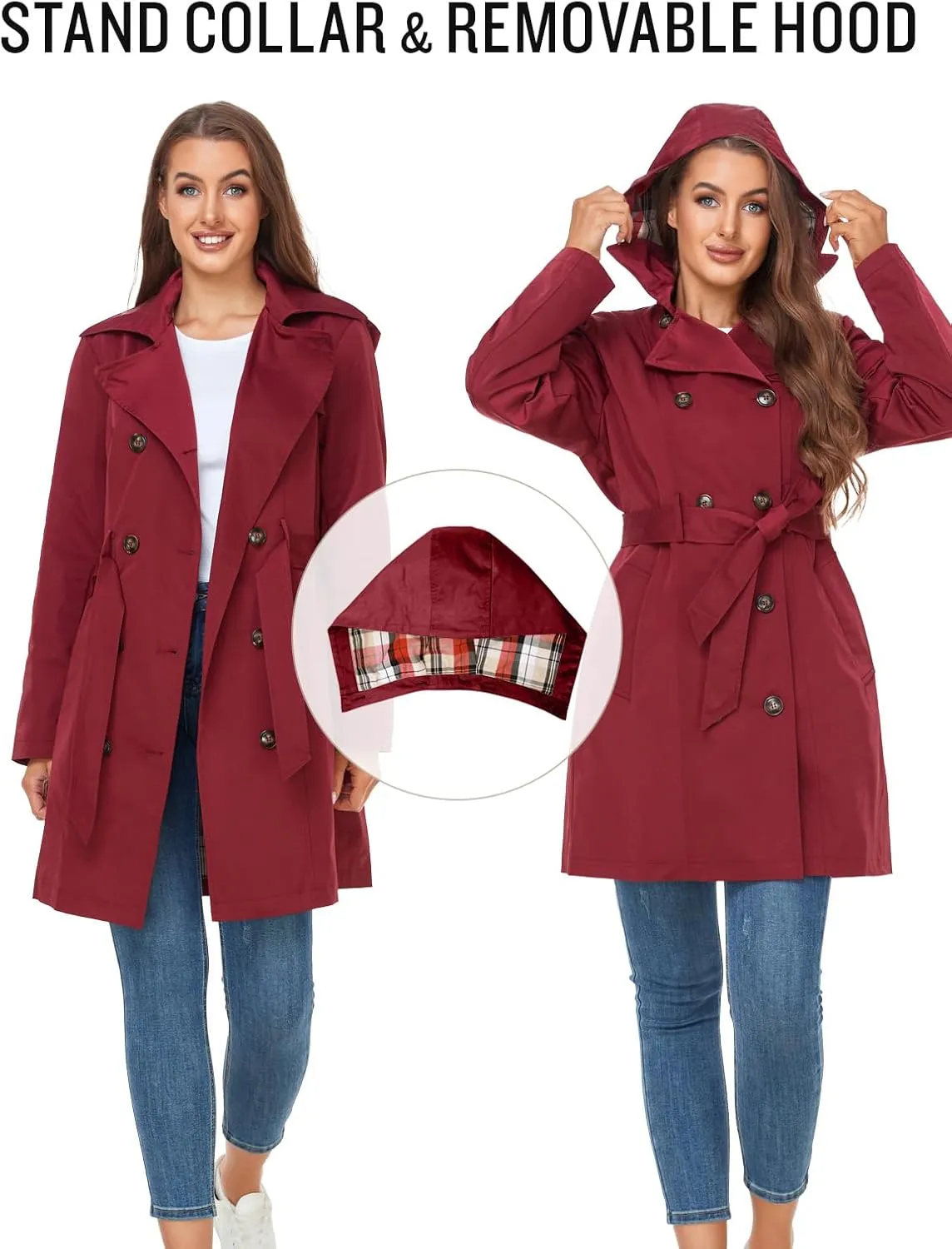 SaphiRose Women's Water-Resistant Trench Coat Double-Breasted Long Peacoat with Removable Hood