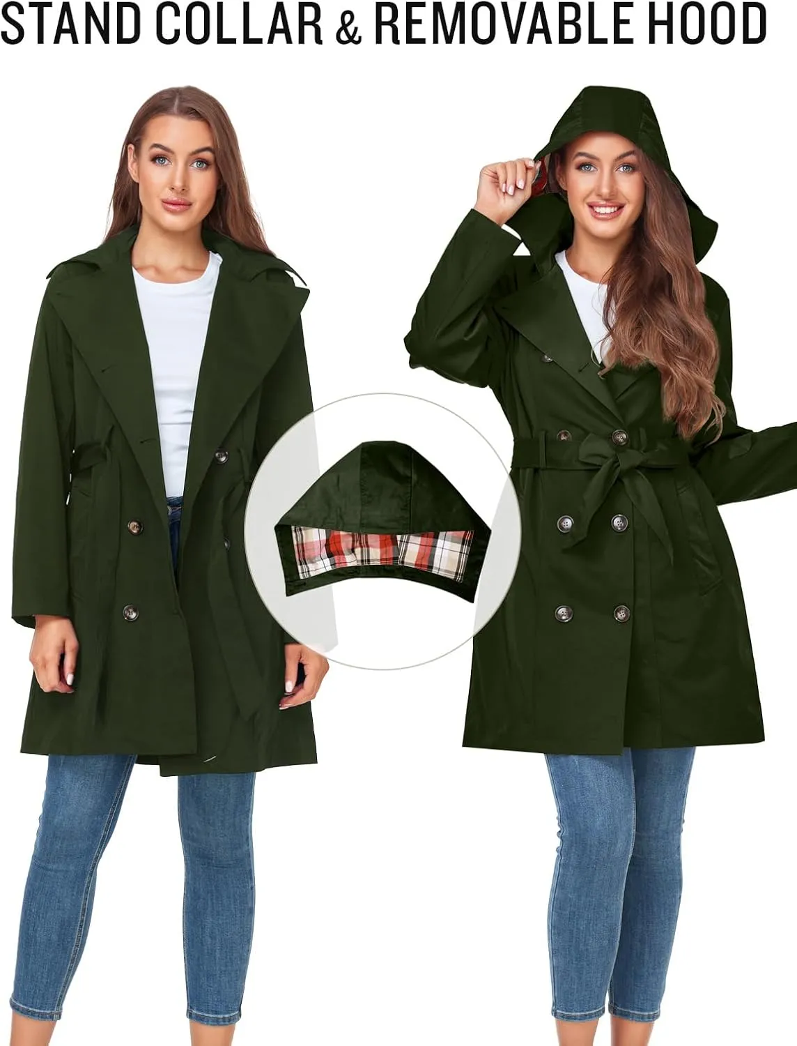 SaphiRose Women's Water-Resistant Trench Coat Double-Breasted Long Peacoat with Removable Hood