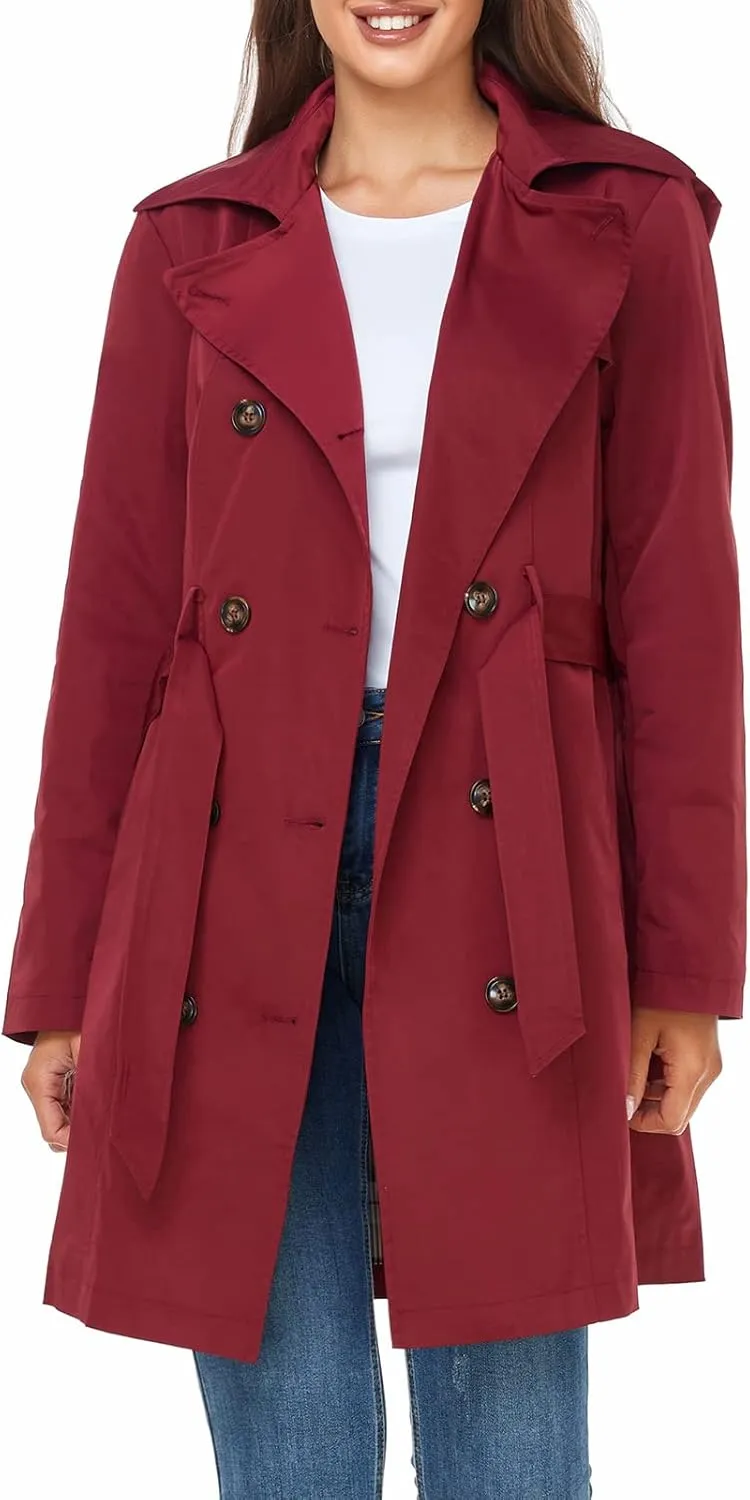 SaphiRose Women's Water-Resistant Trench Coat Double-Breasted Long Peacoat with Removable Hood