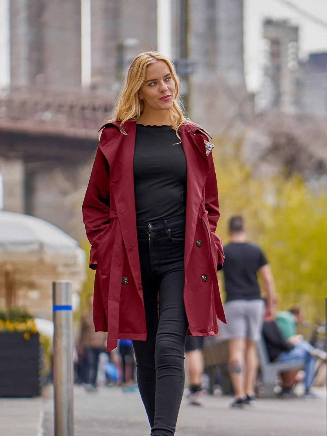 SaphiRose Women's Water-Resistant Trench Coat Double-Breasted Long Peacoat with Removable Hood