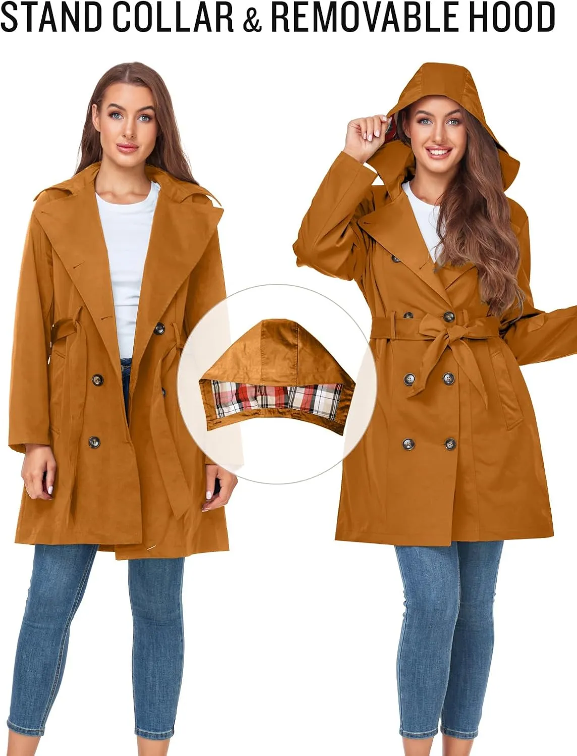 SaphiRose Women's Water-Resistant Trench Coat Double-Breasted Long Peacoat with Removable Hood