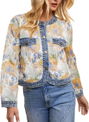 SCOFEEL Women's Floral Jacquard Denim Jacket Contrast Button Down Long Sleeve Cropped Jean Jacket with Pockets