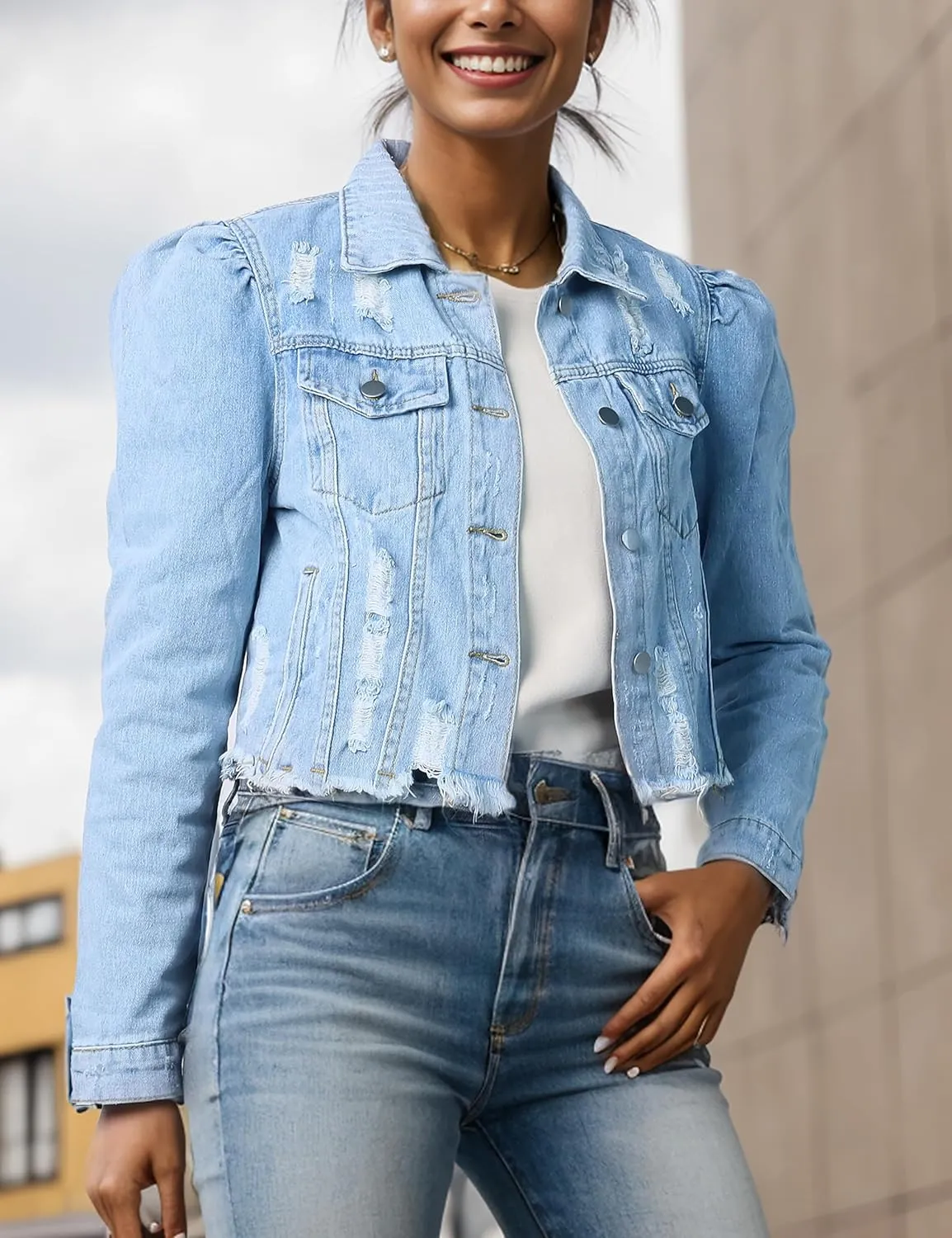 SeekMe Long Puff Sleeve Denim Jacket for Women Short Cropped Jean Jackets Ripped Crop Top