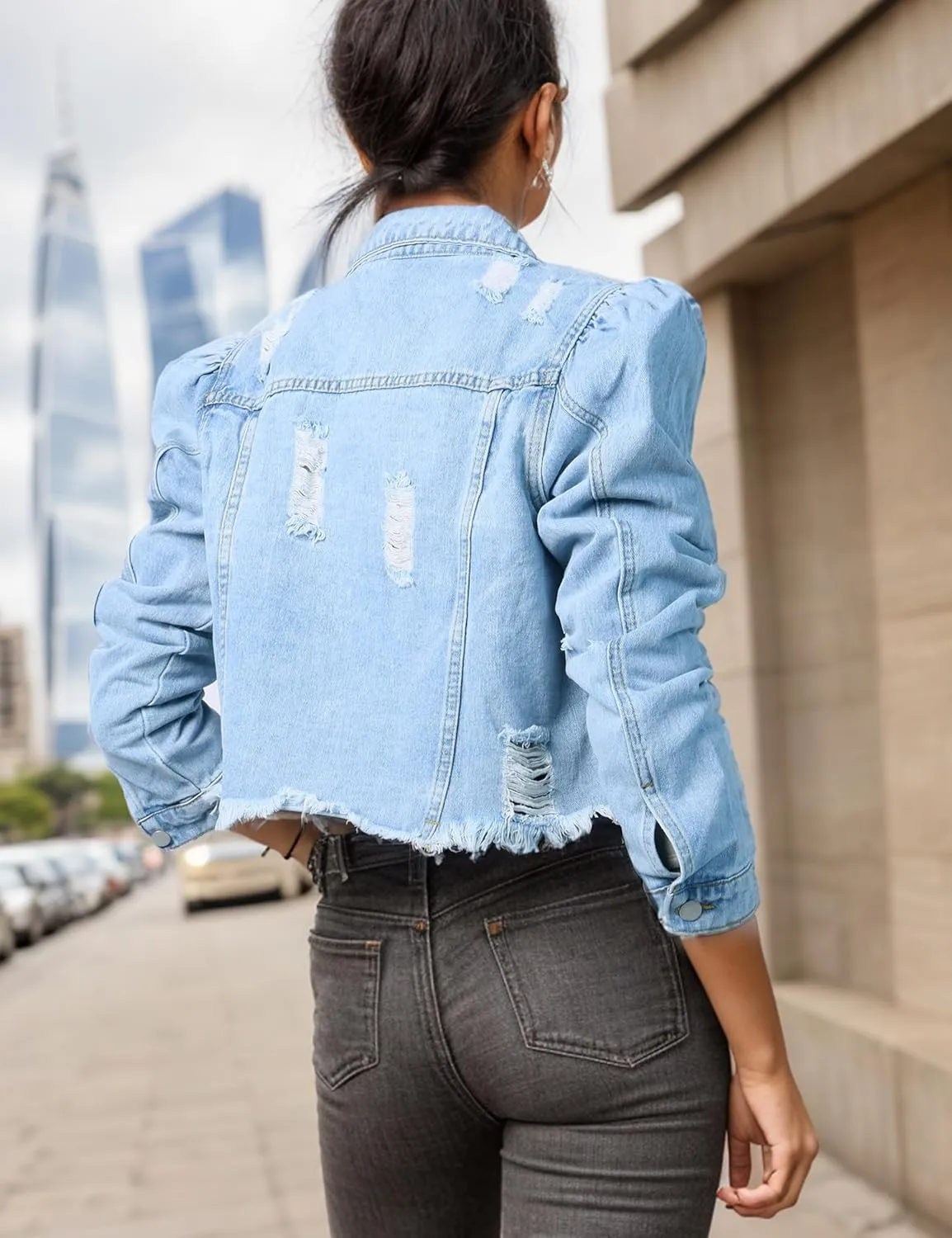SeekMe Long Puff Sleeve Denim Jacket for Women Short Cropped Jean Jackets Ripped Crop Top
