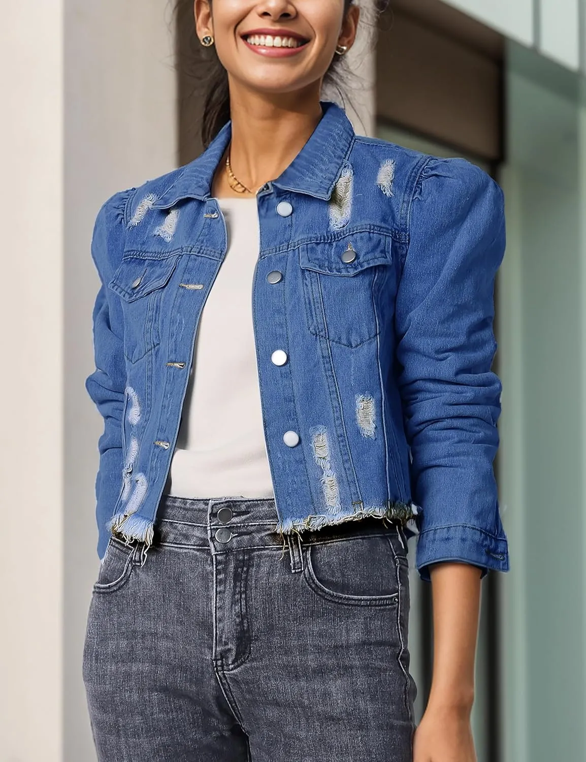 SeekMe Long Puff Sleeve Denim Jacket for Women Short Cropped Jean Jackets Ripped Crop Top