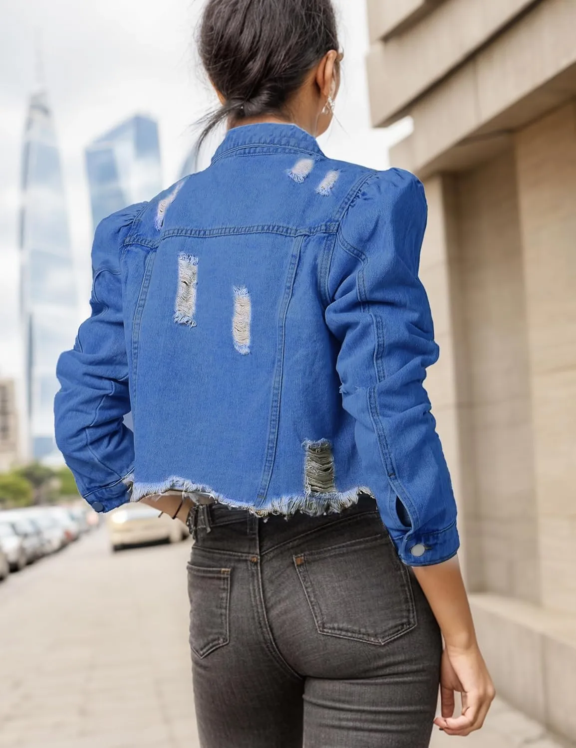 SeekMe Long Puff Sleeve Denim Jacket for Women Short Cropped Jean Jackets Ripped Crop Top