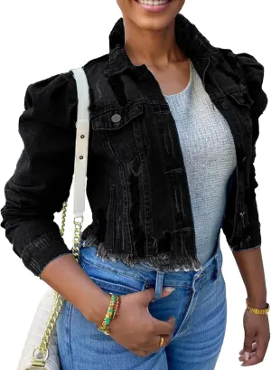 SeekMe Long Puff Sleeve Denim Jacket for Women Short Cropped Jean Jackets Ripped Crop Top