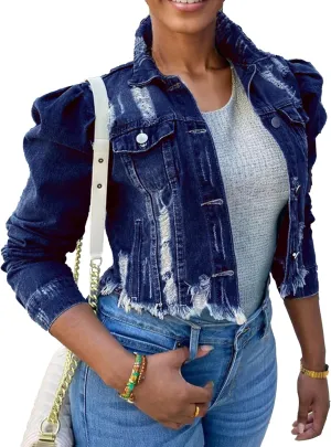 SeekMe Long Puff Sleeve Denim Jacket for Women Short Cropped Jean Jackets Ripped Crop Top