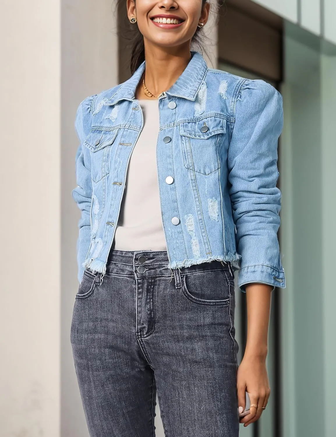 SeekMe Long Puff Sleeve Denim Jacket for Women Short Cropped Jean Jackets Ripped Crop Top