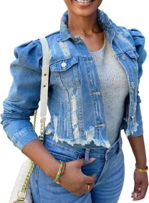 SeekMe Long Puff Sleeve Denim Jacket for Women Short Cropped Jean Jackets Ripped Crop Top