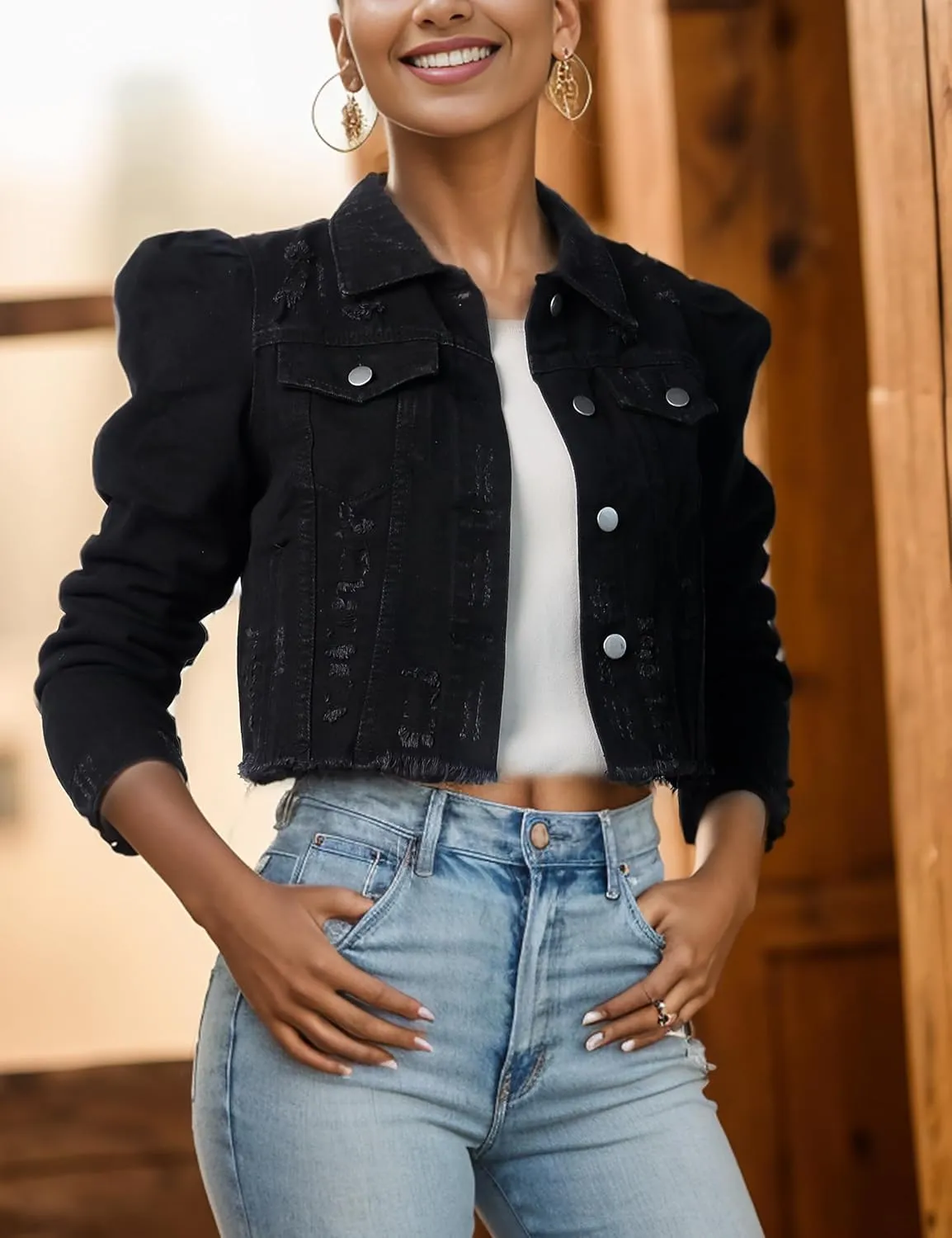 SeekMe Long Puff Sleeve Denim Jacket for Women Short Cropped Jean Jackets Ripped Crop Top