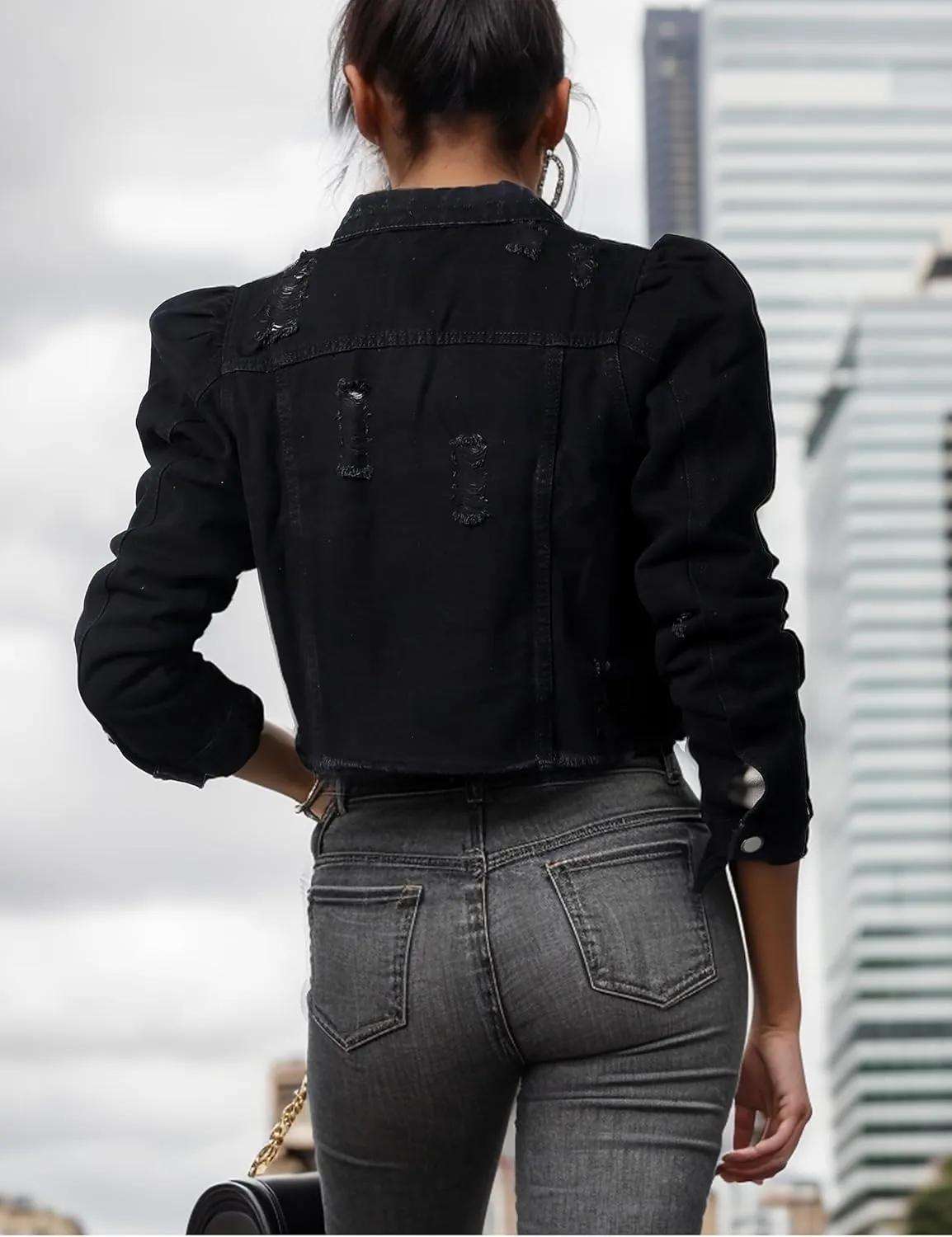 SeekMe Long Puff Sleeve Denim Jacket for Women Short Cropped Jean Jackets Ripped Crop Top