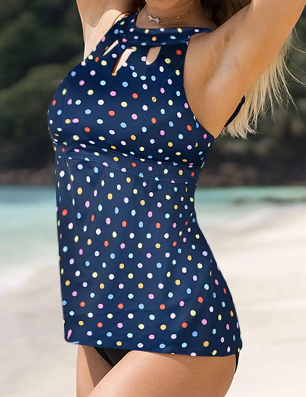 Septangle Women's Halter High Neck Tankini Top Key Hole Bathing Suit