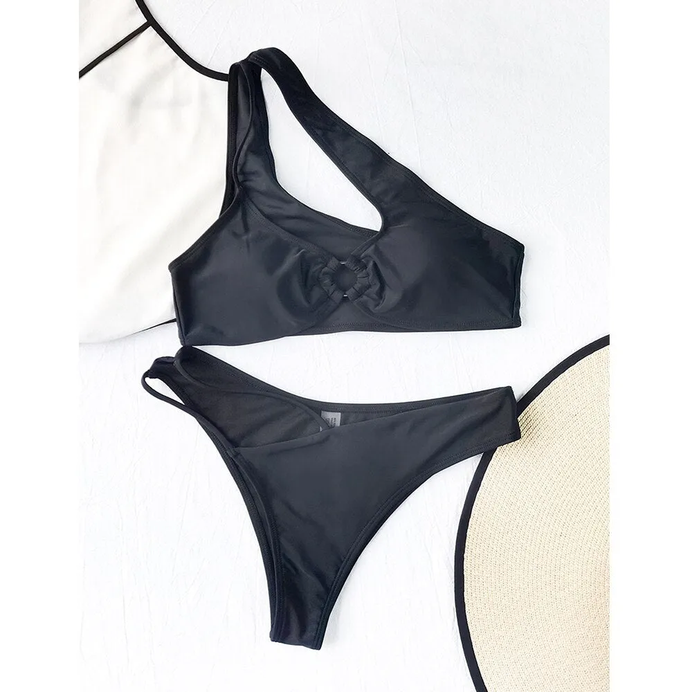 Sexy Hollow Out Bikini 2022 New One Shoulder Swimwear Women Swimsuit Female Two Pieces Bikini Set Solid Bathing Suits Beachwear