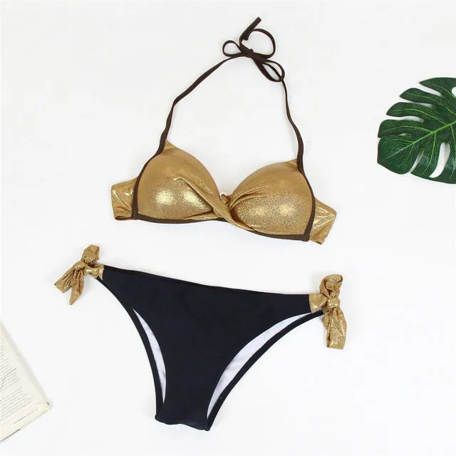 Sexy Twist Knot Super Push Up Shiny Gold Metallic Bikini Set