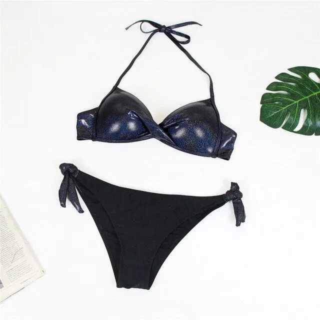 Sexy Twist Knot Super Push Up Shiny Gold Metallic Bikini Set