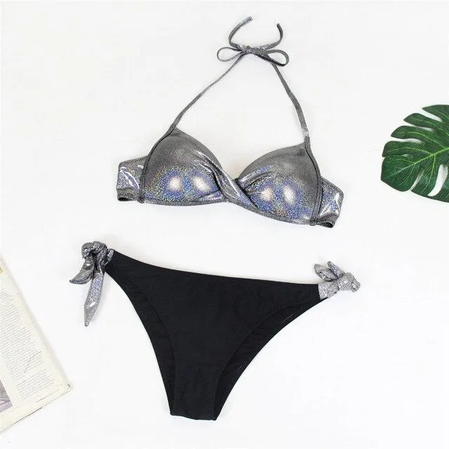 Sexy Twist Knot Super Push Up Shiny Gold Metallic Bikini Set
