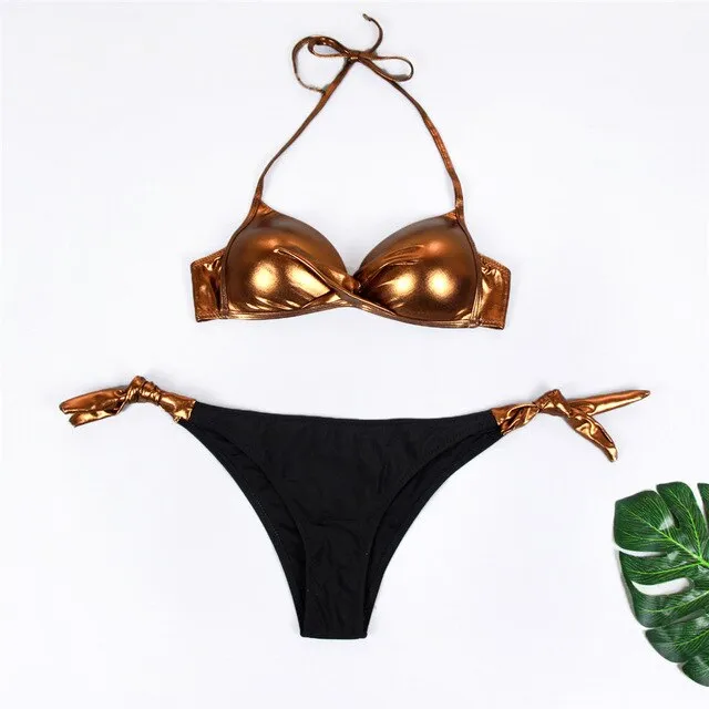 Sexy Twist Knot Super Push Up Shiny Gold Metallic Bikini Set