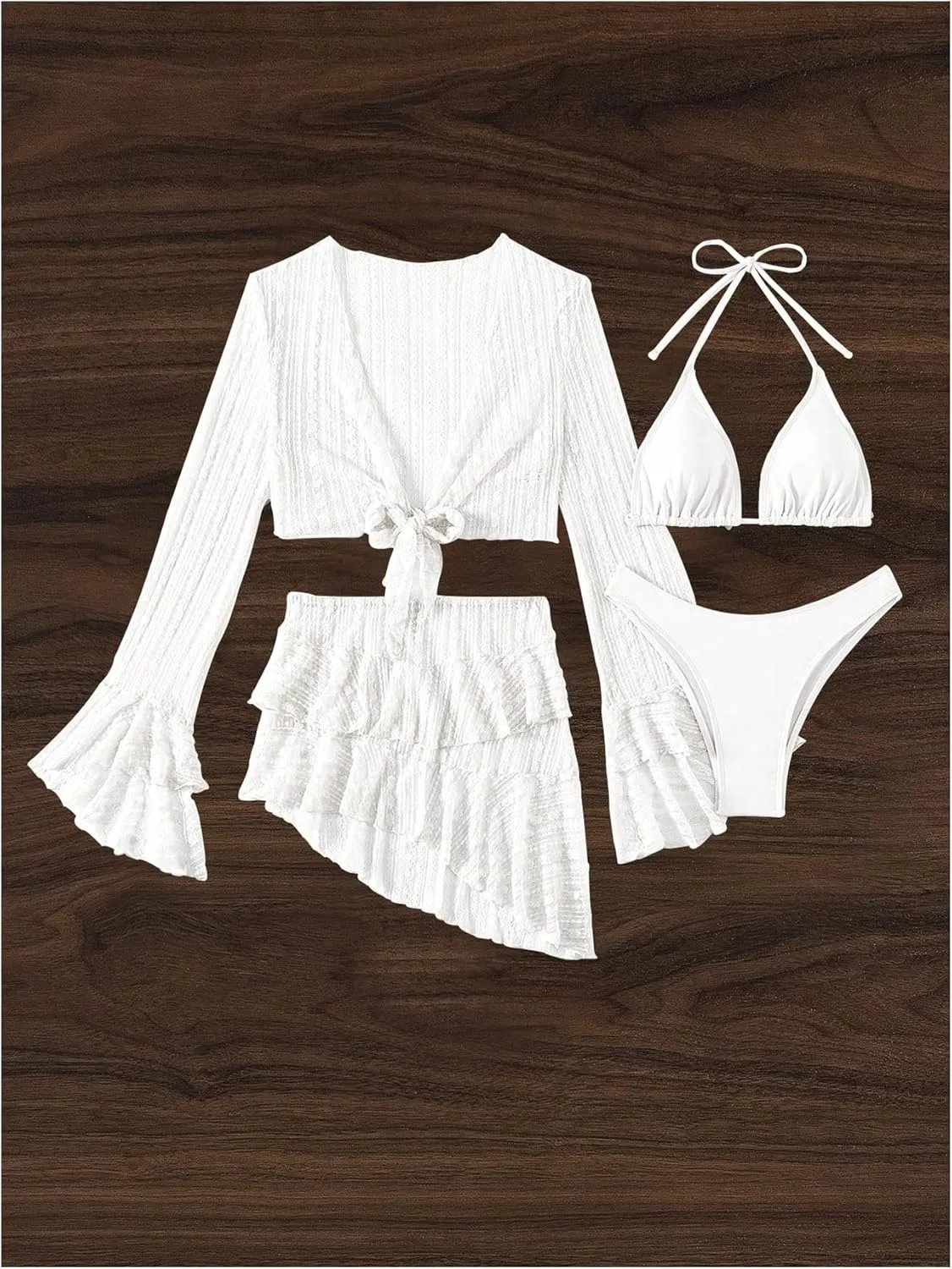 SHENHE Women's 4 Piece Swimsuit Halter Triangle High Cut Bikini Set with Coverup Top and Skirt
