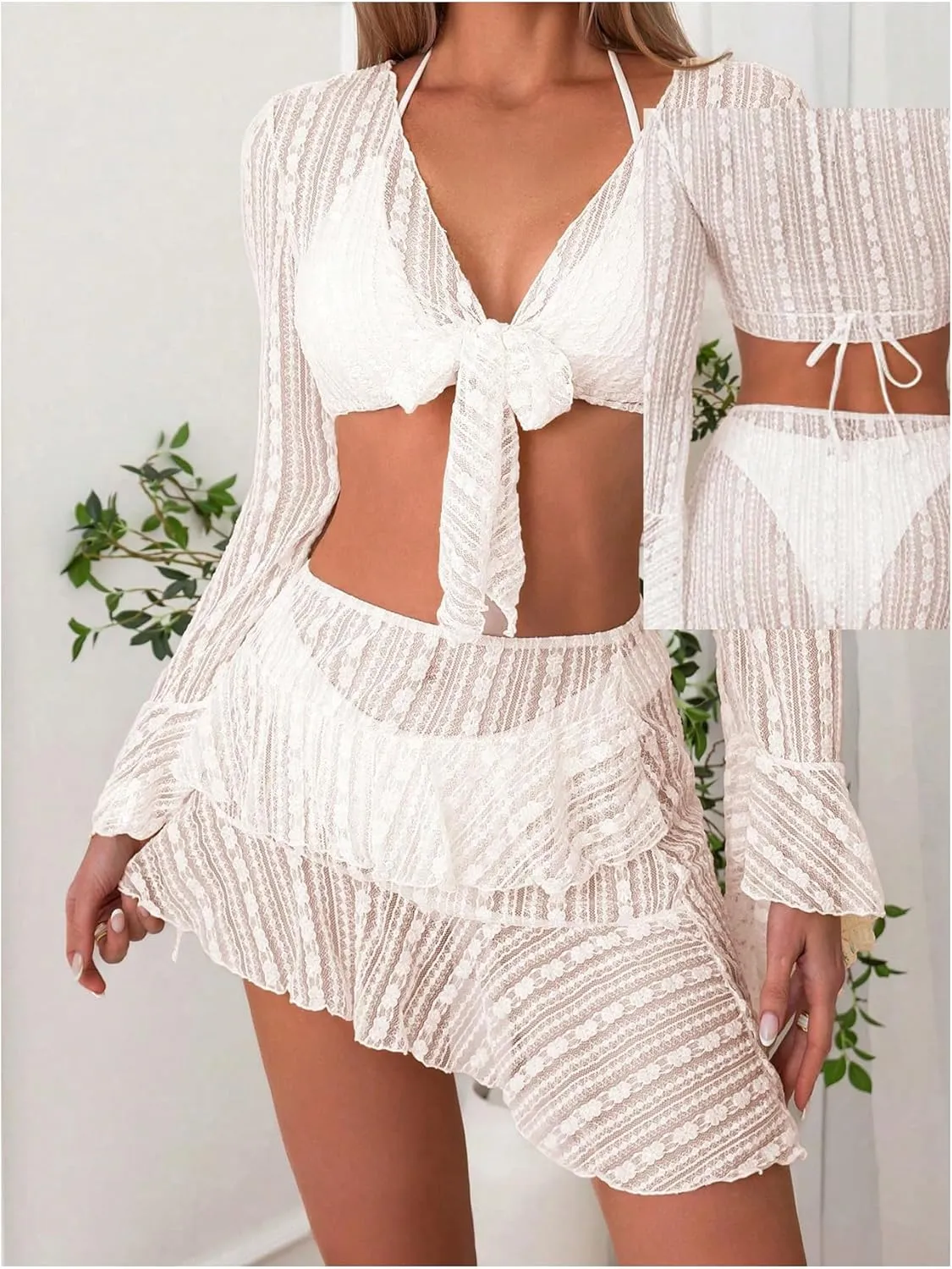 SHENHE Women's 4 Piece Swimsuit Halter Triangle High Cut Bikini Set with Coverup Top and Skirt
