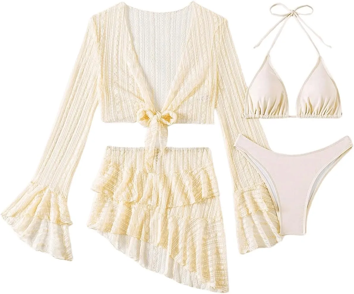 SHENHE Women's 4 Piece Swimsuit Halter Triangle High Cut Bikini Set with Coverup Top and Skirt